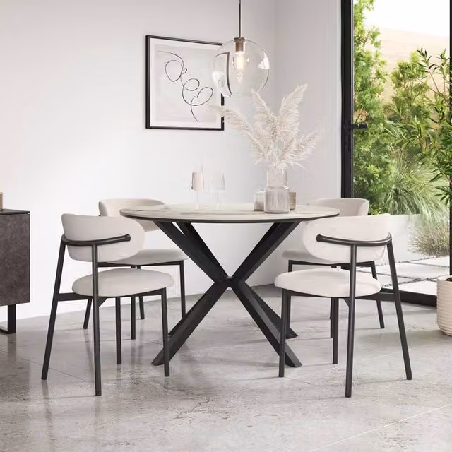 More4Homes Calne Calcutta Gold Ceramic Round Dining Table and 4 Myla Linen Chairs in Beige, Diameter: 120 cm, Height: 75 cm – 1
