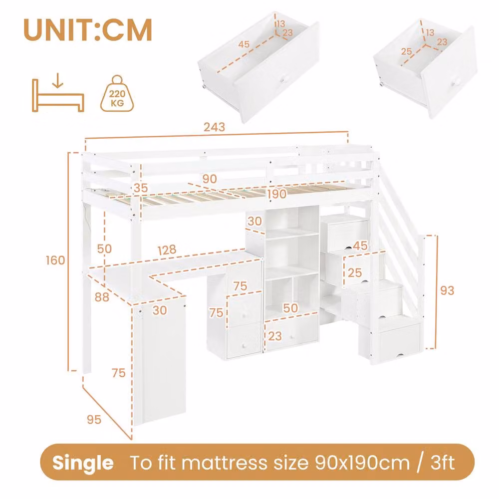 BTM White Single Loft Bed with L-Shaped Desk, Storage Stairs and Drawers, Solid Wood, H: 160 cm, W: 90 cm, D: 190 cm – 3