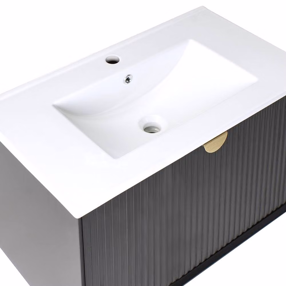 Wyld and Coco Black Lacquered Wood Wall Mounted Vanity with Built In Basin W: 80 cm, D: 43 cm – 5