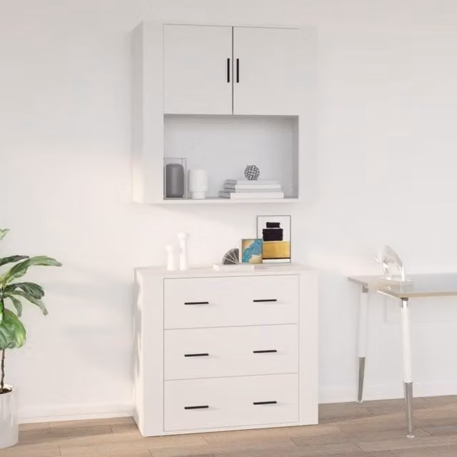 Berkfield Home White Wall Mounted Cabinet with Hinged Doors and Open Shelf, W/D/H: 80 x 33 x 80 cm