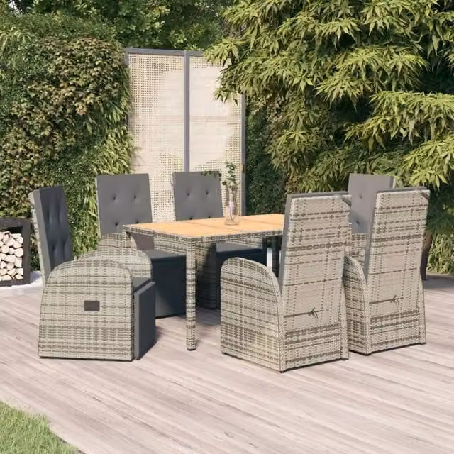 Berkfield Home 7 Piece Modern Garden Dining Set in Grey Poly Rattan and Solid Acacia Wood