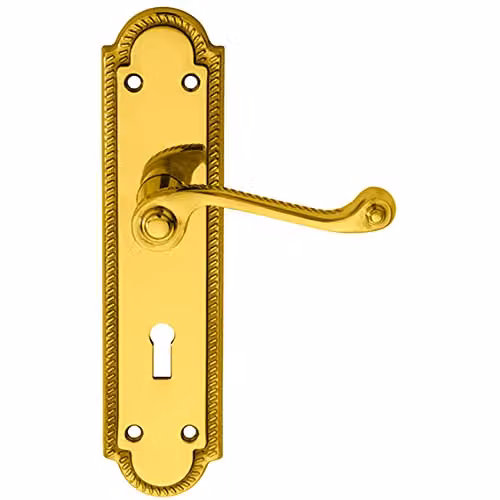Loops Pair Reeded Scroll Handle on Shaped Lock Backplate, Polished Brass, W: 205 mm, H: 49 mm