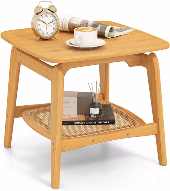 Costway Mid-Century Brown Bamboo and Rattan Square Side Table