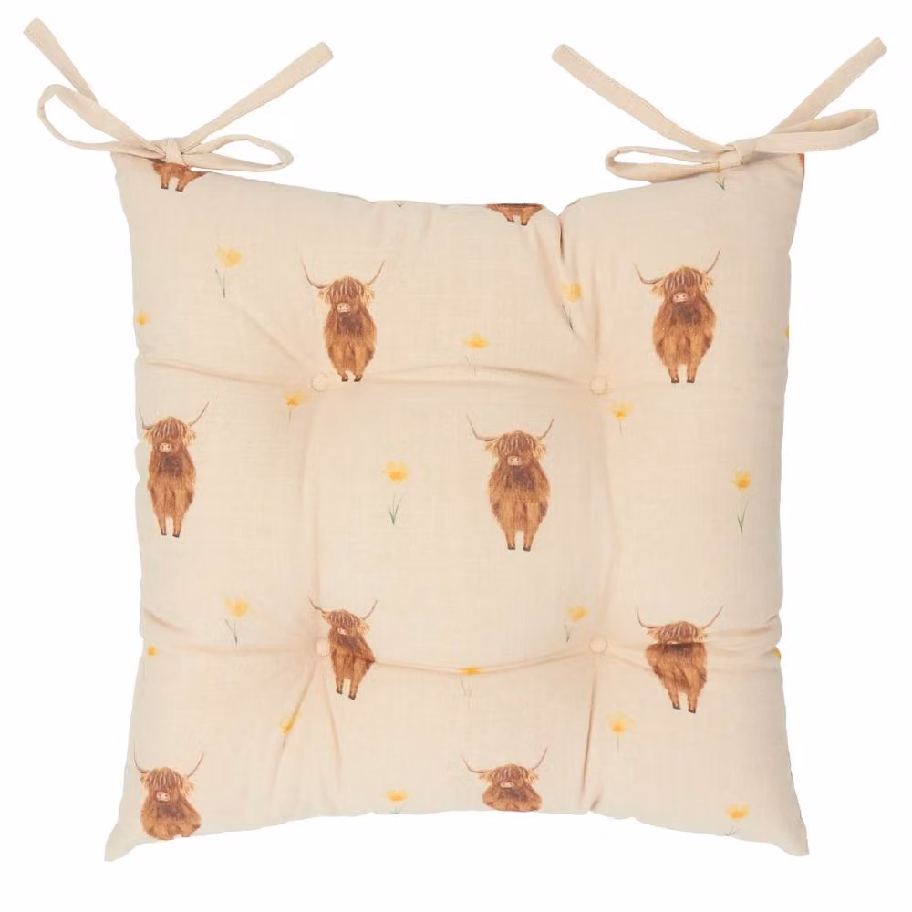 Wylder Ramble Highland Cow Cotton Seat Pads, Pack of 2, Beige, W/D/H: 40 x 40 x 40 cm – 2