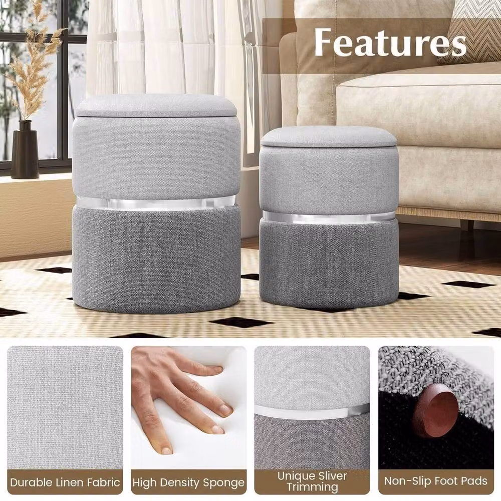 KORVIXA 2-Pack Grey Linen Fabric Upholstered Cylindrical Storage Ottomans – 3