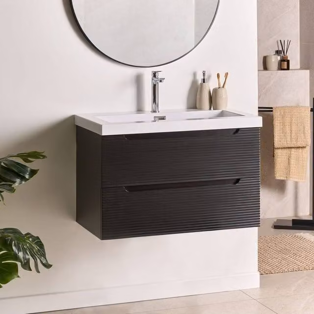 Wyld and Coco Black Lacquered MDF Wall-Mounted Vanity with Ceramic Sink, Width: 80 cm