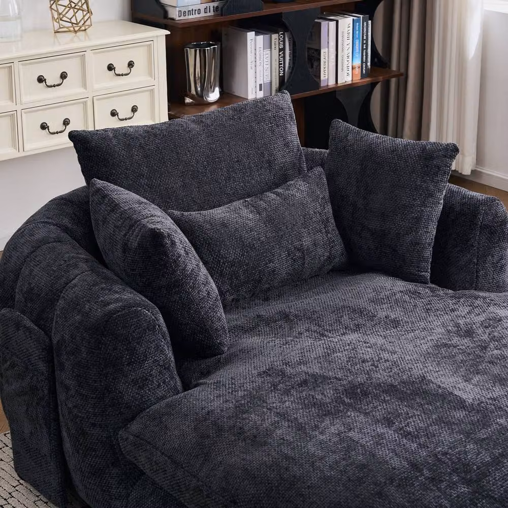 Matteo Oversized Plush Chenille Chaise Lounge Sofa in Black – 5