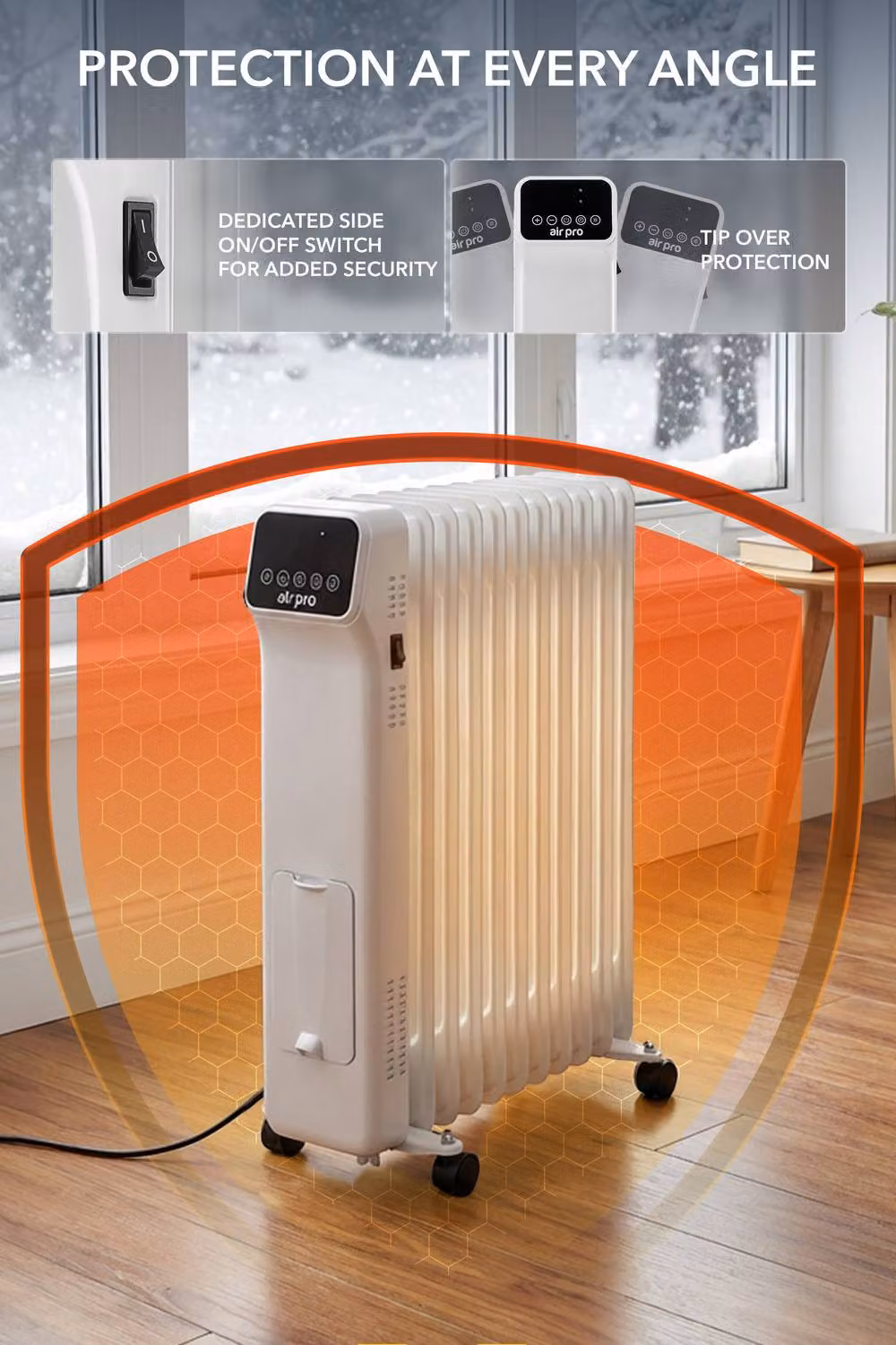 Air Pro 2500W Oil-Filled Electric Radiator with Thermostat and 9 Hour Timer, White – 8