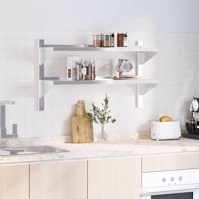 Berkfield Home 2-Tier Wall Mounted Metal Shelf in Silver, W/D/H: 100 x 30 x 60 cm