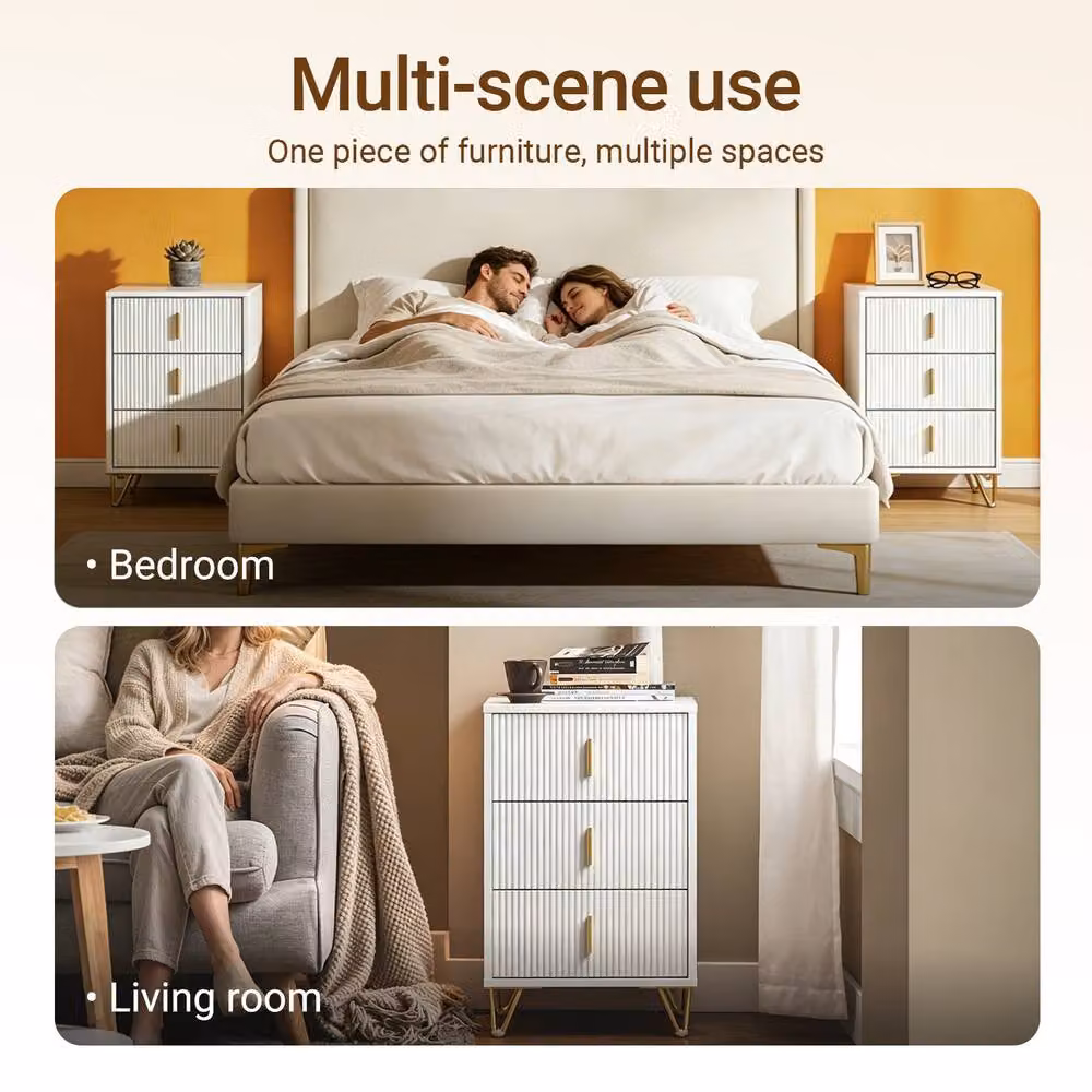 SoBuy 3 Drawer Bedside Table with Ribbed Front and Gold Handles in White – 5