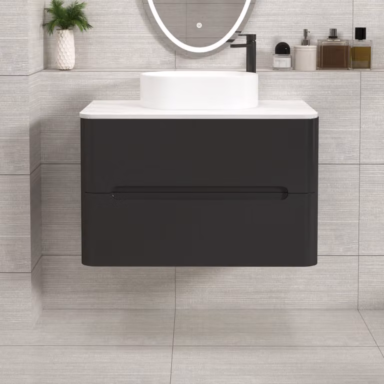Royal Bathrooms Venice 800mm Wall Hung Matt Nocturne Black Vanity Unit with 2 Drawers and Peak Basin
