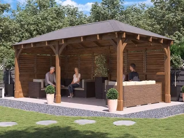 Dunster House Leviathan Wooden Gazebo Kit with Louvre Wall and Bitumen Shingles, Brown, W: 600 cm, D: 300 cm, H: 212 cm – 1