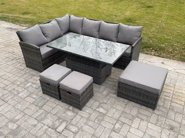 Fimous Dark Grey Wicker PE Rattan Garden Furniture Set with Height Adjustable Lifting Table and 3 Footstools