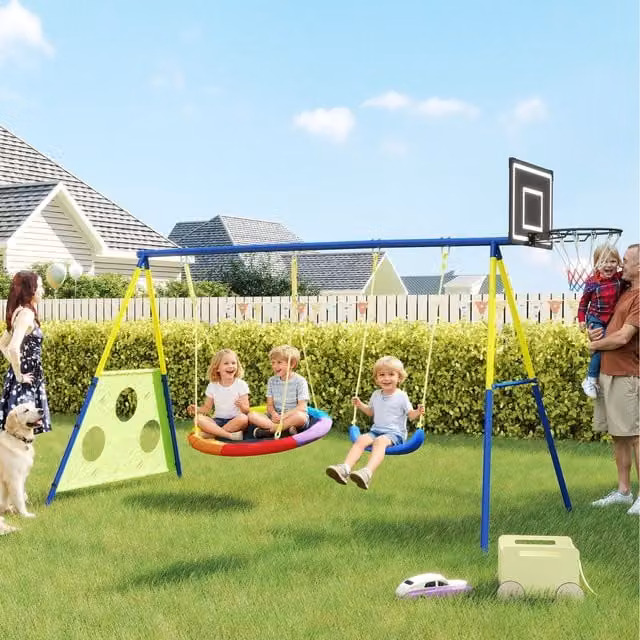 AIYAPLAY 4-in-1 Outdoor Kids Swing Set with Saucer Hoop and Football Goal, Multicolour