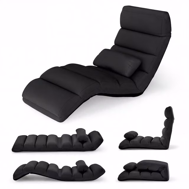Costway Modern Black Fabric Indoor Chaise Lounge Sofa with Adjustable Headrest and Metal Frame