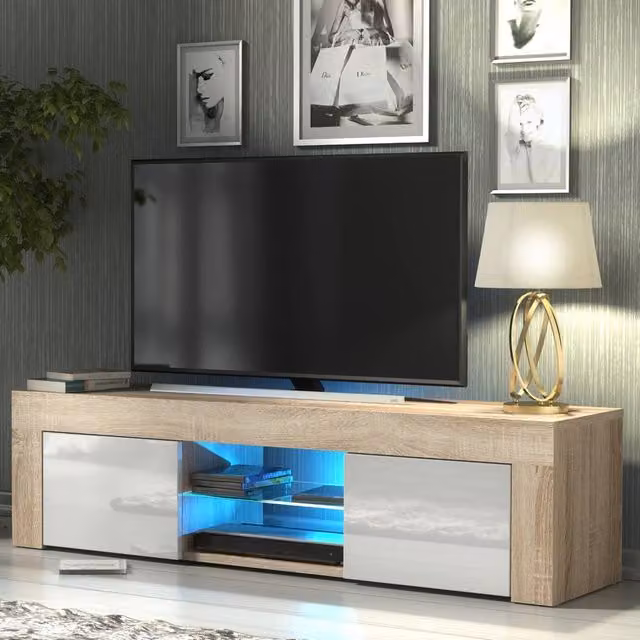 Mex Furniture LTD Loom Modern TV Unit in Oak and White Gloss with LED Lights, W: 130 cm, D: 35 cm, H: 35 cm – 1
