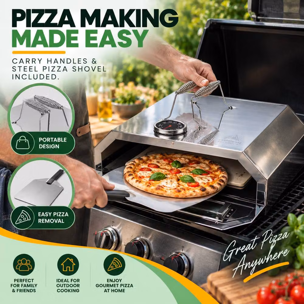 Gardenwize Portable BBQ Pizza Oven in Silver with Stone and Thermometer – 7