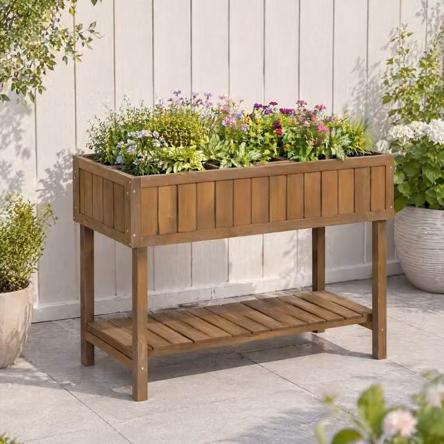 STILVORA Wooden Raised Planter with 8 Compartments and Shelf, Brown, W/D/H: 76 x 46 x 46 cm