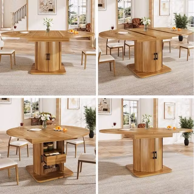 BTM Extendable Round to Oval Dining Table with Storage Drawers in Brown, W/D/H: 118 x 76 x 75 cm