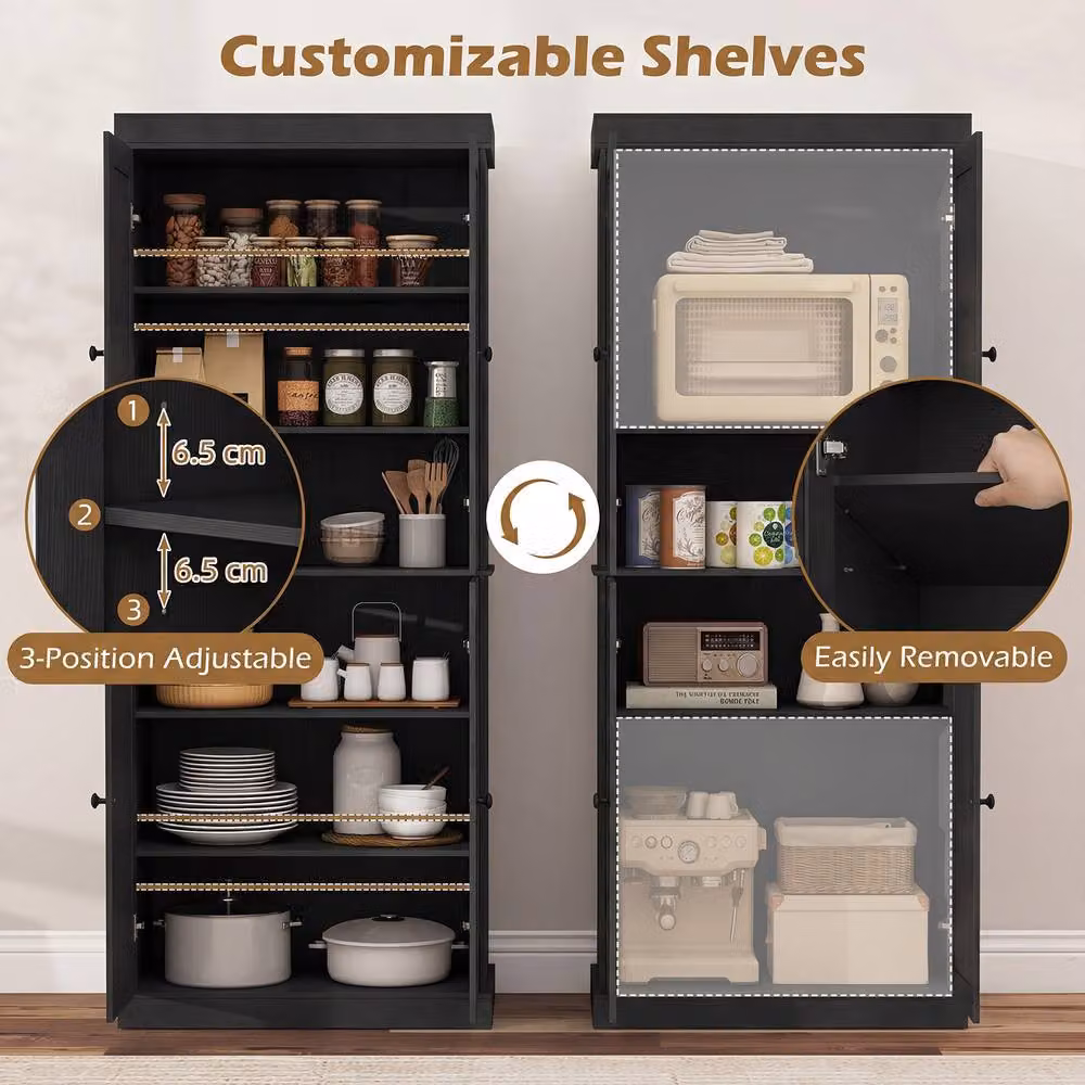 Gymax 4-Door Tall Kitchen Pantry Cabinet, Black Freestanding Storage Unit, Height: 185 cm – 4