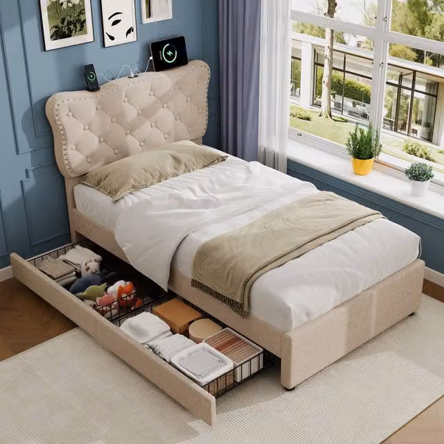 BTM Single Upholstered Bed Frame with Storage Drawers and USB Charging Port, Beige, W: 100 cm, D: 200 cm, H: 194 cm