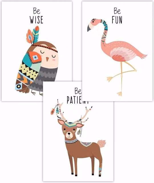 ARTZE Set of 3 Pink Nursery Tribal Owl, Flamingo and Deer Quote Paper Posters, W: 30 cm, H: 42 cm