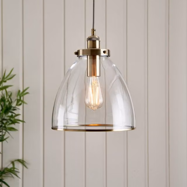 Pagazzi Brunswick Industrial Ceiling Pendant Light in Antique Brass and Clear Glass – 1