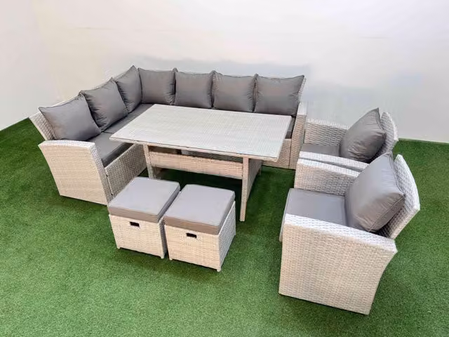 Fimous 10 Seater Rattan Garden Furniture Set in Light Grey with Table, 2 Chairs and 2 Small Footstools