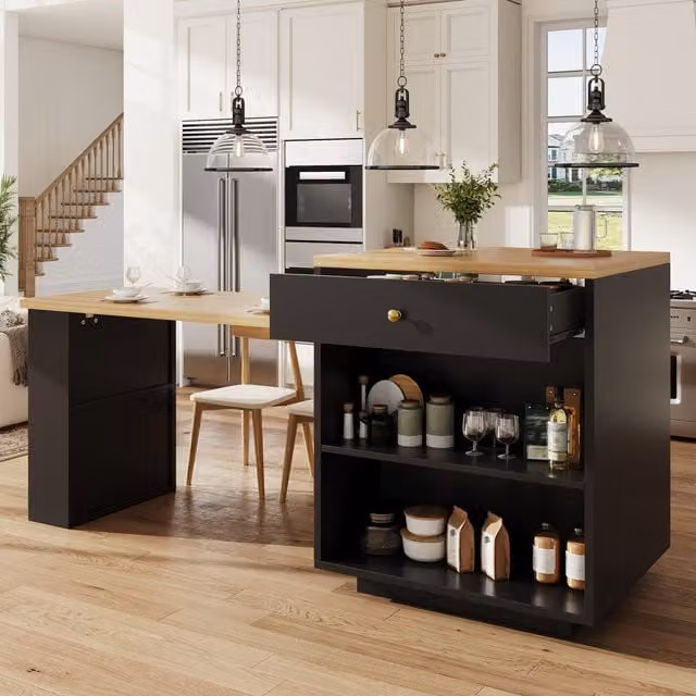 Aosom UK Extendable Kitchen Island with MDF Top and Built-In Wine Rack, Black, W: 195.5 cm, D: 70 cm, H: 94 cm – 1
