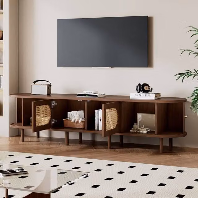 BTM Oval TV Stand in Dark Walnut with Rattan Sliding Doors, W/D/H: 180 x 40 x 40 cm