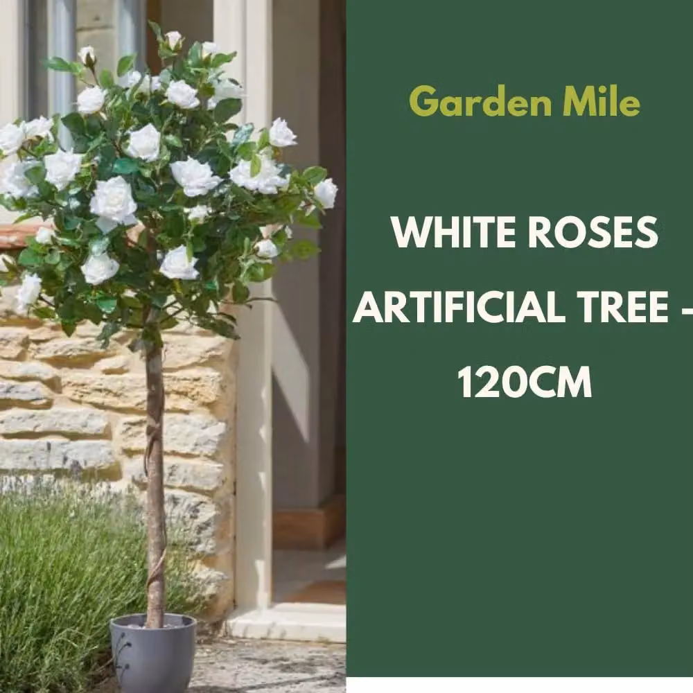 Marco Paul 120cm Freestanding Artificial White Rose Plant in Green – 3