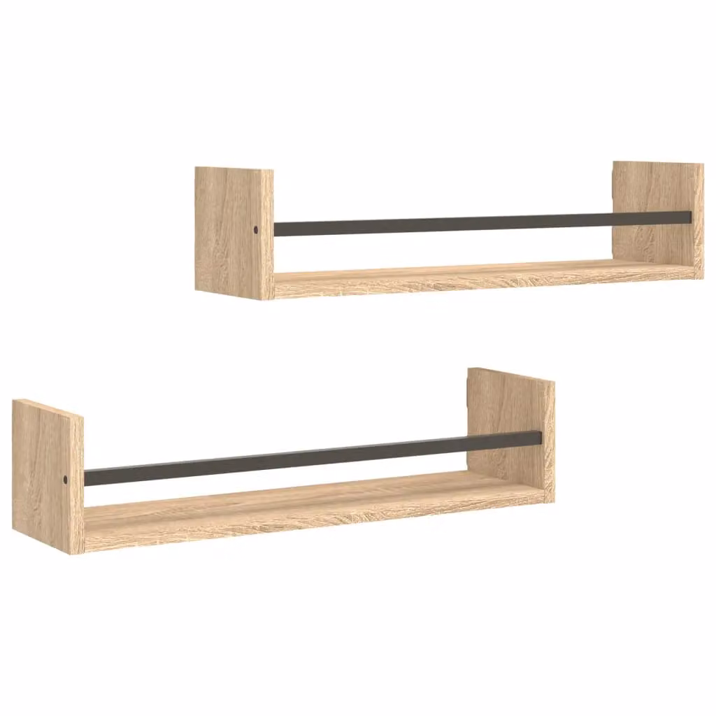Berkfield Home Wall Shelves with Bars, 2 Piece Set, Sonoma Oak, Brown, W: 60 cm, D: 16 cm, H: 14 cm – 2