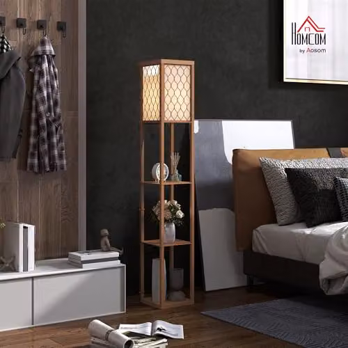 HOMCOM Modern Floor Lamp with Shelves and Fabric Lampshade in Natural Wood – 2