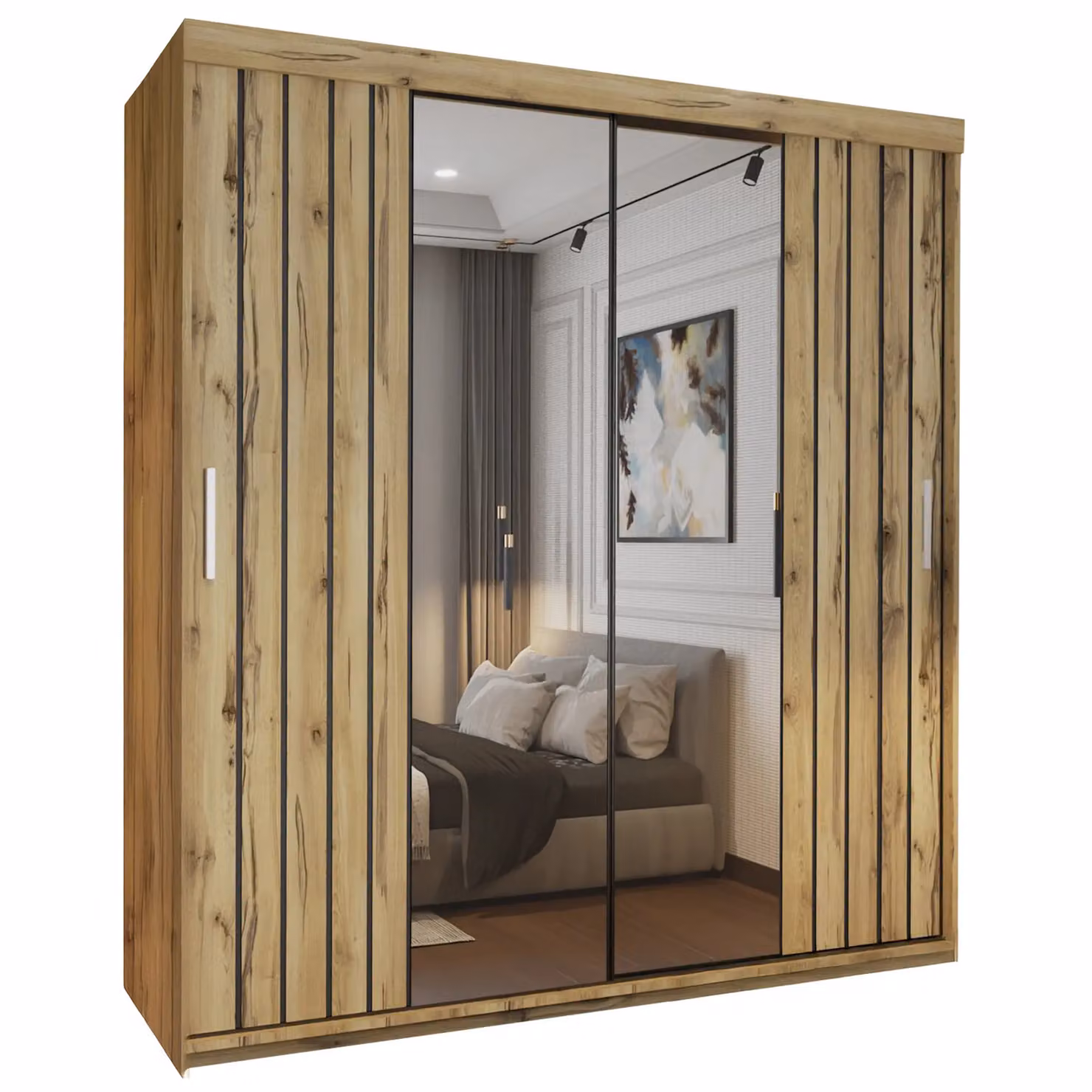 Sliding Wardrobes 4U Modern Double Sliding Wardrobe with Integrated LED Light in Light Oak, W: 150 cm, H: 217 cm, D: 62 cm – 2
