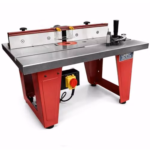 Lumberjack Cast Iron Router Table with One Piece Aluminium Fence and Compact Leg Stand in Red – 1