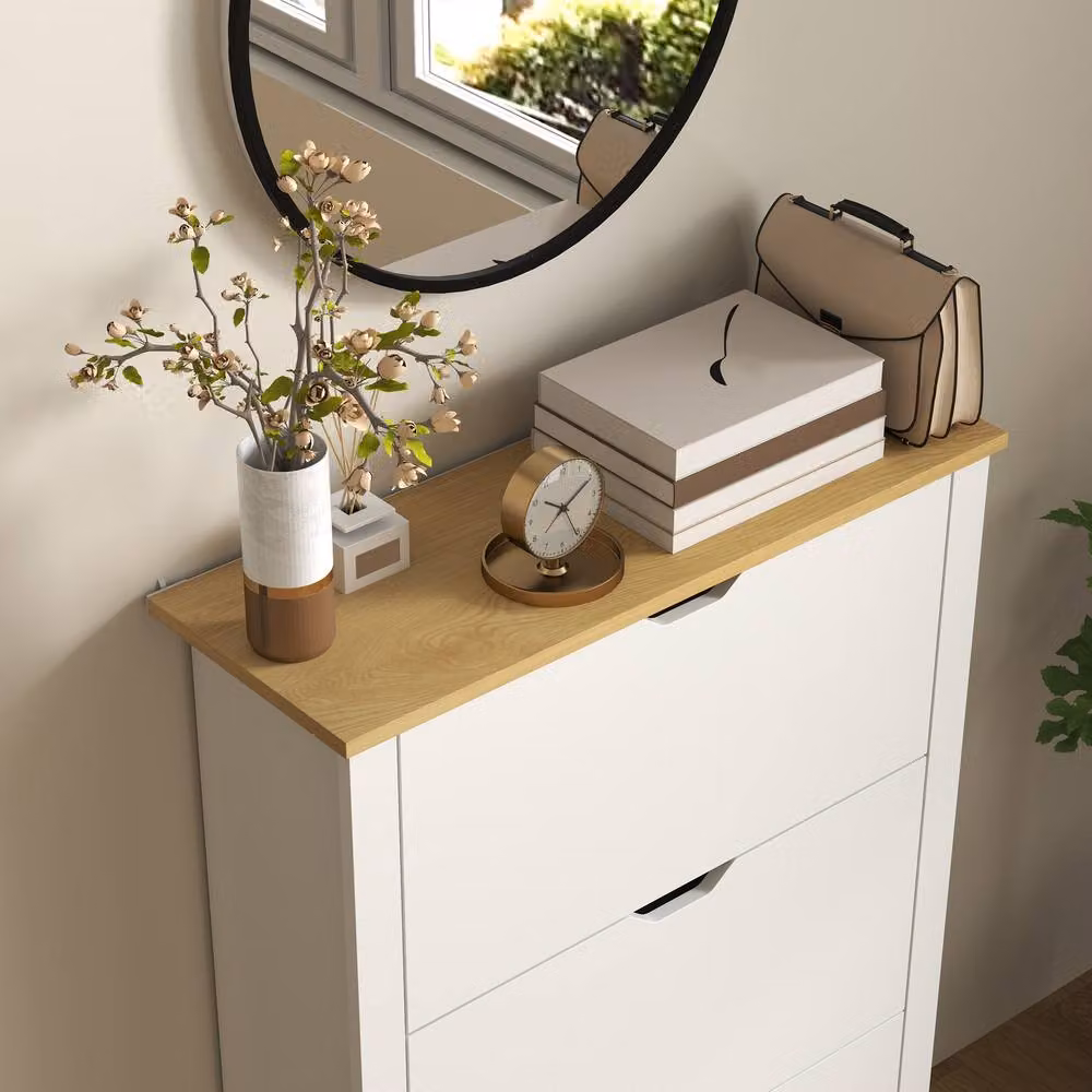 ERGOVEXA High Gloss Slim Shoe Cabinet with 3 Tilting Drawers in White – 5