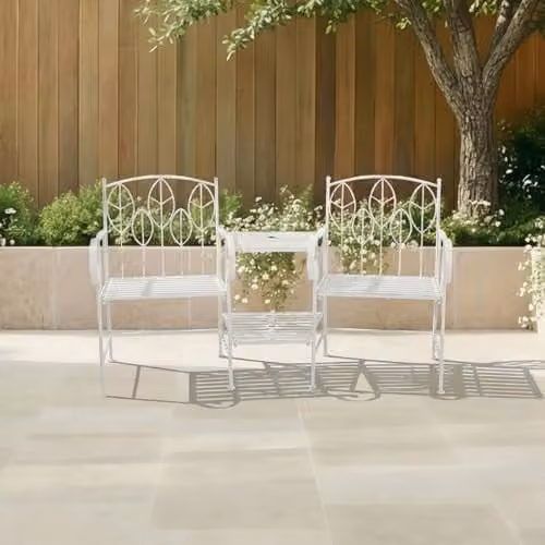 Charles Bentley Rustic Metal Garden Companion Seat with Floral Design in White, W/D/H: 110 x 90 x 66 cm – 1