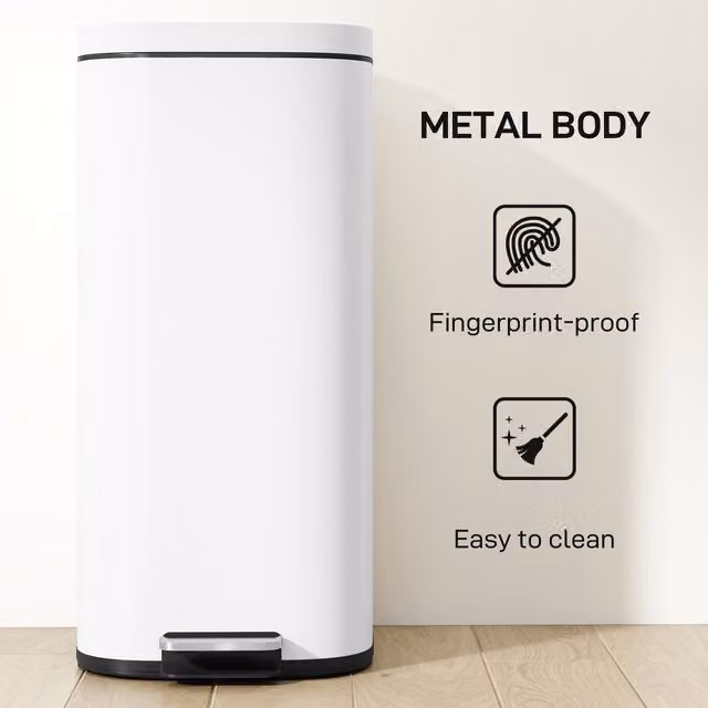 HOMCOM 30L White Kitchen Bin with Soft-Close and Fingerprint-Proof Metal Flip Lid