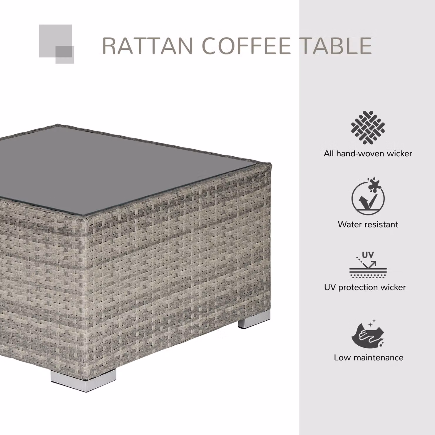 Outsunny Grey Rattan Wicker Square Patio Coffee Table with Glass Top – 4