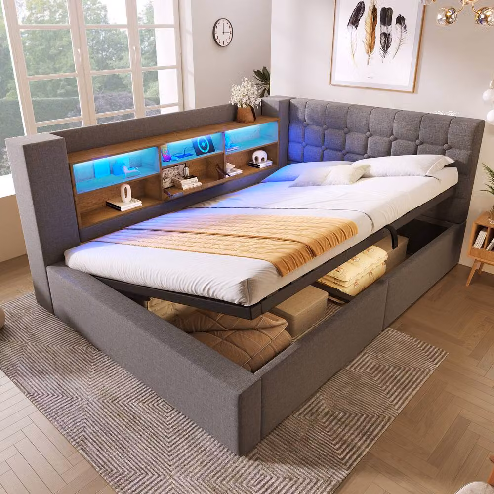 Rolipo Grey Upholstered Double Daybed Ottoman Storage Bed with LED Lighting and USB Ports, W/D/H: 140 x 200 cm – 7