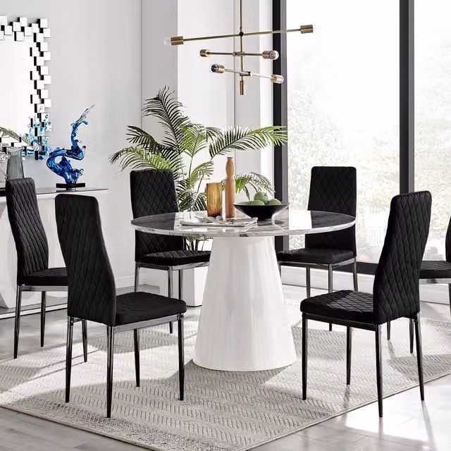 Furniturebox Palma Round Marble Effect Dining Table and 6 Black Velvet Milan Chairs