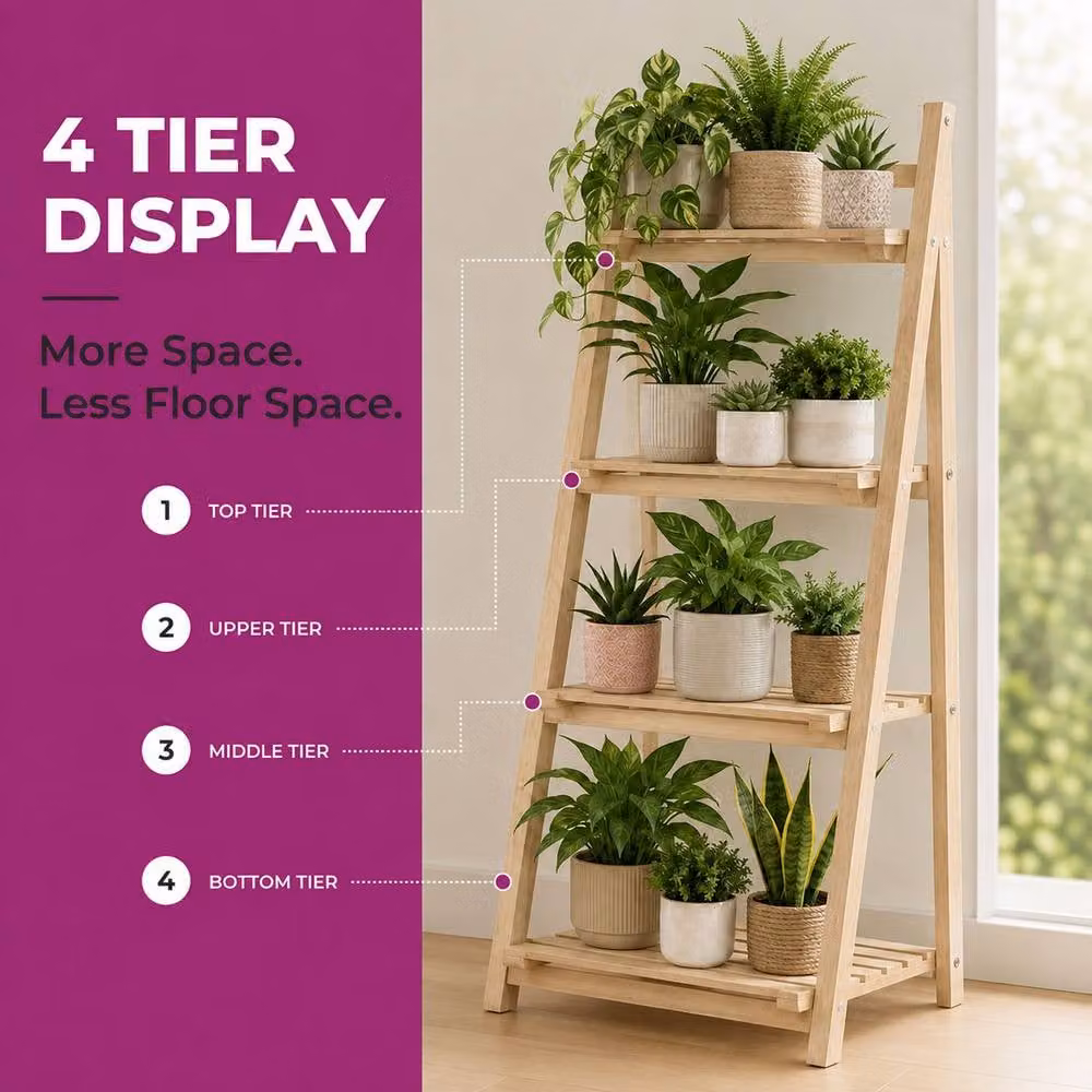 Neo 4 Tier Foldable Wooden Plant Stand in Teak, H 112.0 x W 41.0 x D 33.0 cm – 2