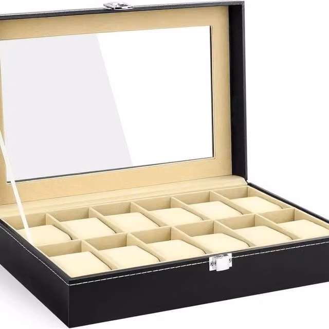 Kelvenix Black PU Leather Watch Display Case with 12 Slots and Glass Lid and Velvet Lining – 1