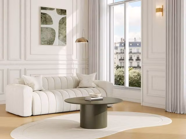 JOVENIA Modern Round Metal Coffee Table in Matt Khaki – 1