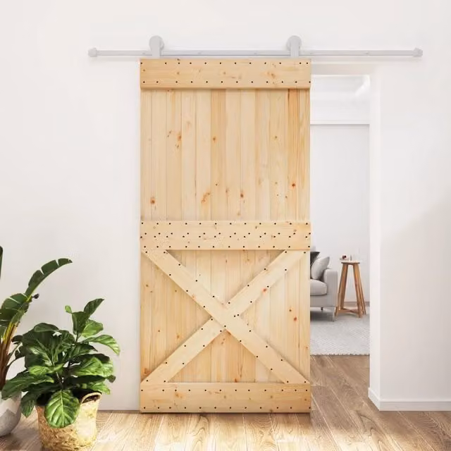 Berkfield Home Rustic Brown Solid Wood Pine Sliding Door with Hardware Set W: 100 cm, H: 210 cm