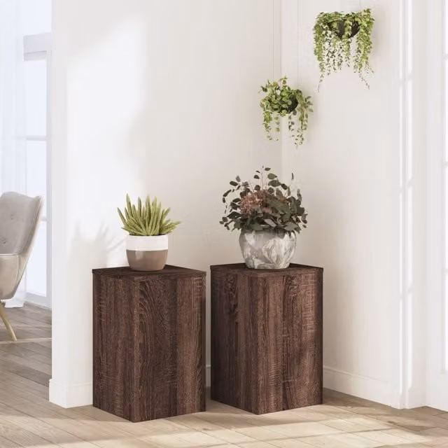 Berkfield Home Set of 2 Modern Brown Oak Plant Stands, W/D/H: 30 x 30 x 50 cm