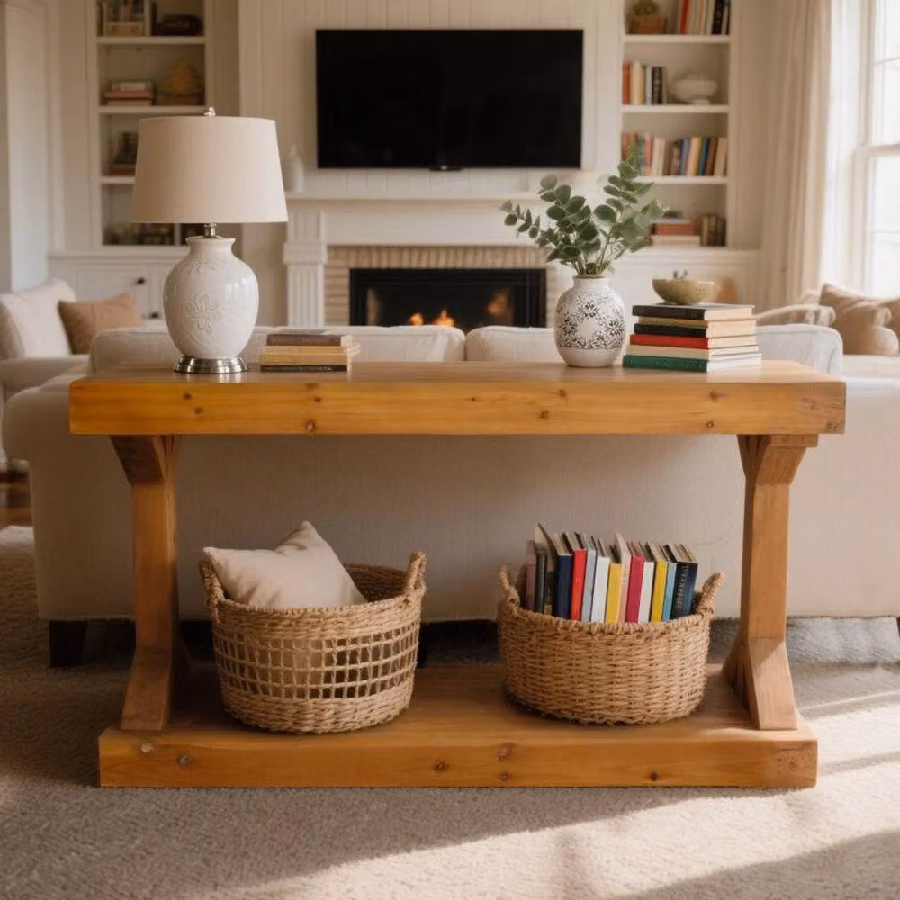 VOGREX Vintage Solid Wood Trestle Console Table in Brown – 5
