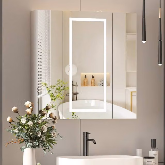 KEEPREAPER White 3-Door LED Mirrored Bathroom Cabinet with Shaver Socket and Anti-Fog Function, W/D/H: 80 x 80 x 80 cm – 1