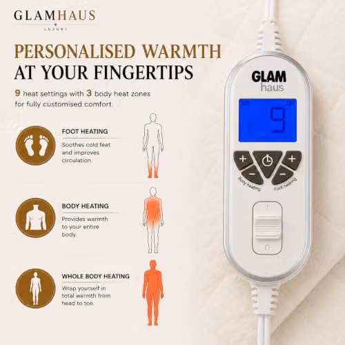 GlamHaus Single Electric Blanket Fitted Mattress Cover, White, W/D/H: 90 x 200 x 9 cm – 4