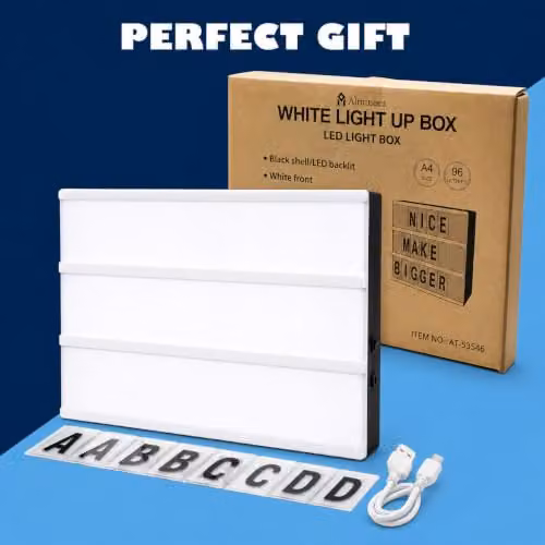 Almineez A4 Cinematic LED Lightbox in White with 85 Letters and Emoji Symbols – 4